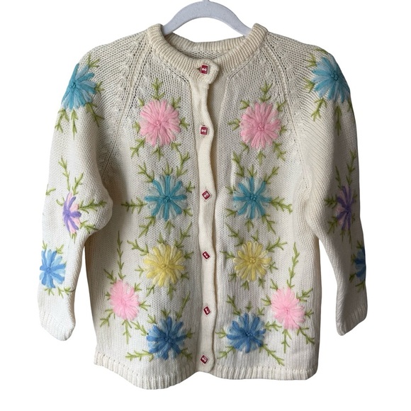 Handmade Sweaters - Vintage Hand-Knit Floral Embroidered Cardigan Sweater Cream Multicolor Size S/M